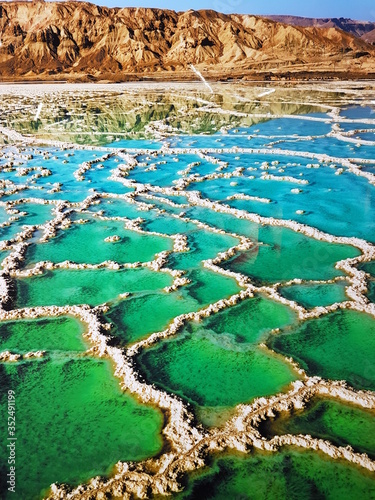 View of the salt crystals in the Dead Sea. View of Dead Sea coastline (Israel).
