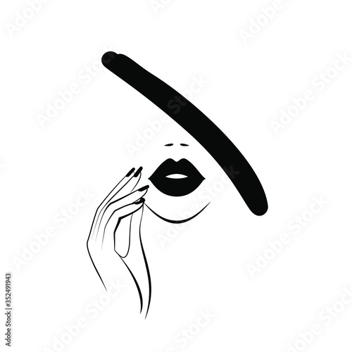 Beautiful sexy face, red lips, hand with red manicure nails, fashion woman, element design, nails studio, hairstyle, hair salon sign, icon. Beauty Logo. Vector illustration. Hand drawing style.