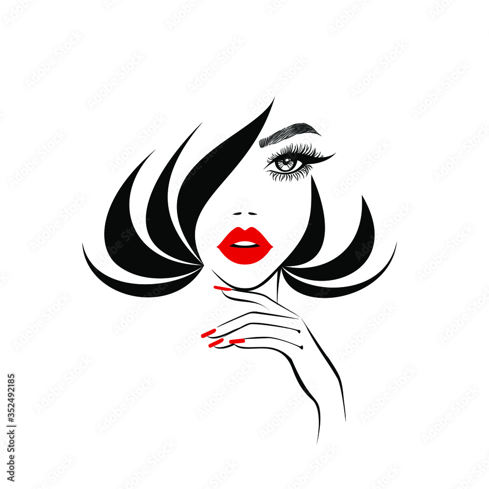 Beauty logo, beautiful sexy face, red lips, hand with red manicure nails,  fashion woman, red earrings, nails studio, black hairstyle, hair salon  sign, icon. Beauty Logo. Vector illustration. Векторный объект Stock |