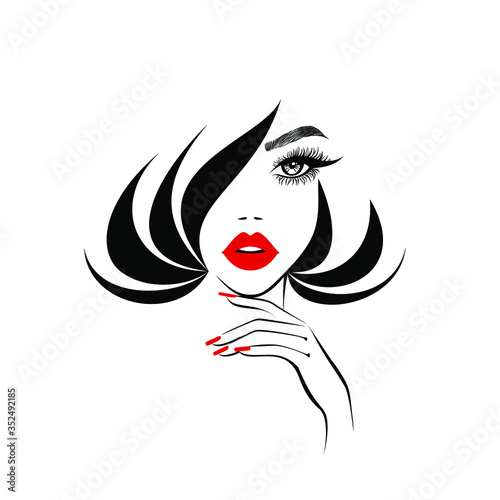 Beauty logo, beautiful sexy face, red lips, hand with red manicure nails, fashion woman, red earrings, nails studio, black hairstyle, hair salon sign, icon. Beauty Logo. Vector illustration.