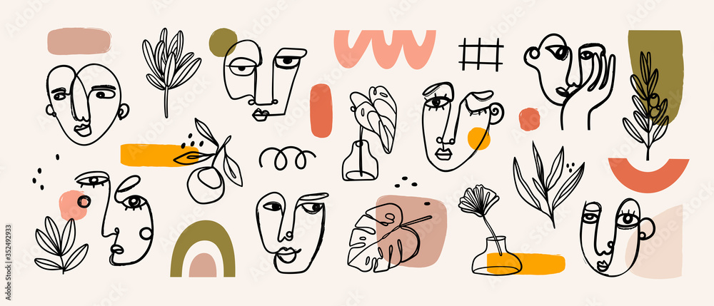 Various Faces, Leaves and Flowers, abstract shapes. Ink painting style. Contemporary Hand drawn Vector illustrations. Continuous line, minimalistic elegant concept. All elements are isolated