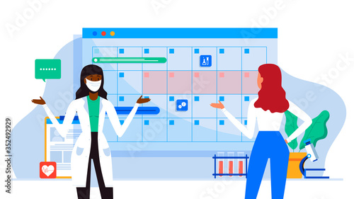 Make an appointment with an online doctor. On the calendar selects date. calendar. work schedule, make an appointment online. Vector illustration for banner, landing page, app. Tele medicine