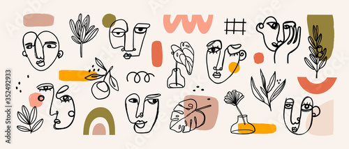 Various Faces, Leaves and Flowers, abstract shapes. Ink painting style. Contemporary Hand drawn Vector illustrations. Continuous line, minimalistic elegant concept. All elements are isolated