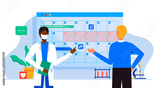 Make an appointment with an online doctor. On the calendar selects date. calendar. work schedule, make an appointment online. Vector illustration for banner, landing page, app. Tele medicine