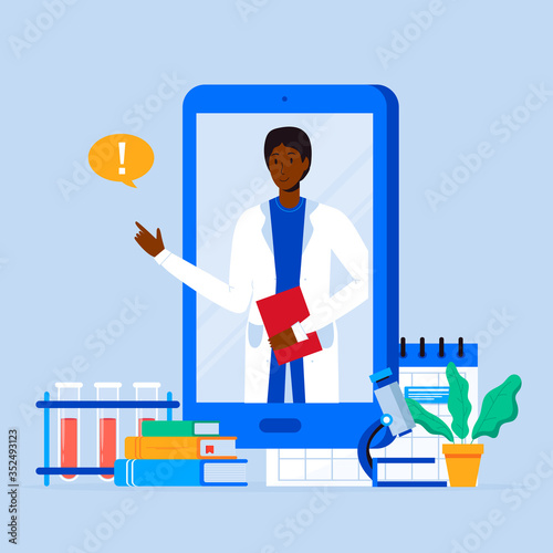 Smartphone screen with therapist on chat in messenger and an online consultation. Vector flat illustration. Ask doctor. Online medical advise or consultation service, tele medicine, cardiology