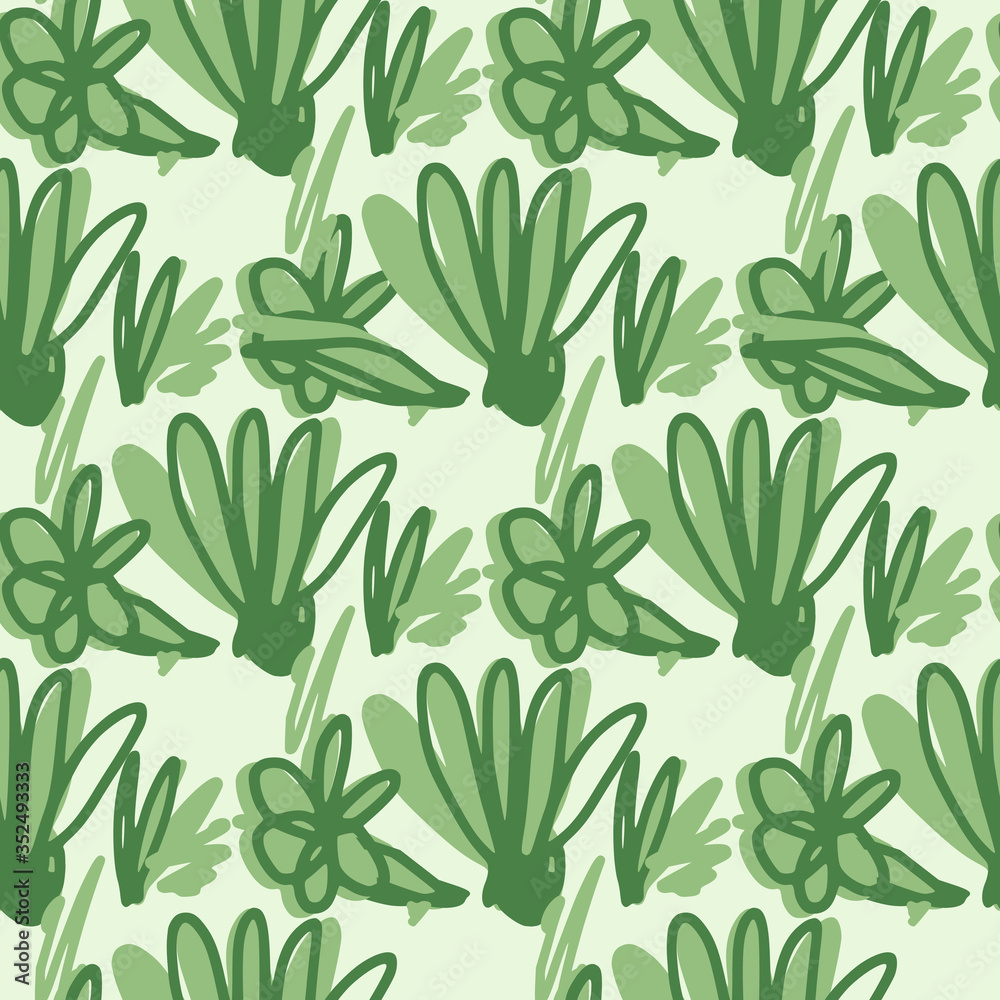 Abstract brush ink floral endless wallpaper. Scribble flower seamless pattern on green background.