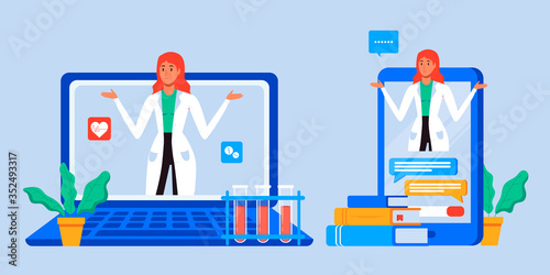 Online patient medical consultation and support chat set. Online doctor mobile app messenger. Healthcare services, Ask a doctor. Family doctor on the laptop and phone screen. Tele medicine banner.