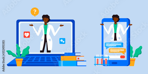 Online patient medical consultation and support chat set. Online doctor mobile app messenger. Healthcare services, Ask a doctor. Family doctor on the laptop and phone screen. Tele medicine banner.