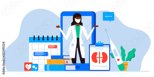 Kidney treatment. Healthcare, Medical research. Urology and nephrology. nephroptosis, renal failure, stones, cystitis. For website, app, banner, flyer. Tele medicine. Doctor on mobile phone screen