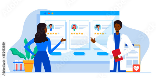 Young patient chooses a therapist with rating on web site. Planning, treatment of diseases, maintaining health. For sites, banner. Online doctor, tele medicine. Hospital or medical clinic staff