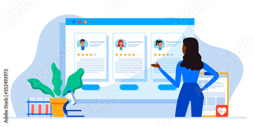Young patient chooses a therapist with rating on web site. Planning, treatment of diseases, maintaining health. For sites, banner. Online doctor, tele medicine. Hospital or medical clinic staff