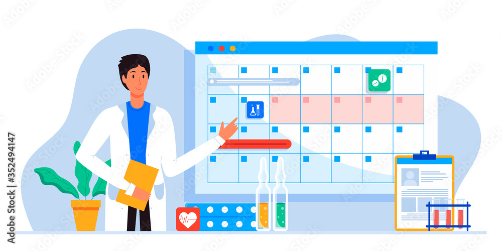 Make an appointment with an online doctor. On the calendar selects date. calendar. work schedule, make an appointment online. Vector illustration for banner, landing page, app. Tele medicine