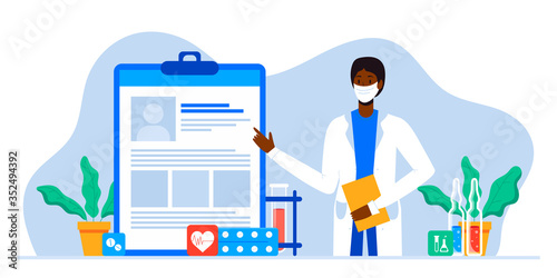 Healthcare insurance vector concept, doctor helps fill health form document. Human life insurance. protection of people from accidents. Healthcare services, Ask a doctor, tele medicine