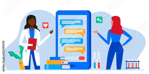 Online medical consultation and support. Healthcare services, Ask a doctor. Therapist in uniform, chatting online with patient via app messenger on mobile phone screen. Tele medicine banner