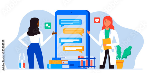 Online medical consultation and support. Healthcare services, Ask a doctor. Therapist in uniform, chatting online with patient via app messenger on mobile phone screen. Tele medicine banner