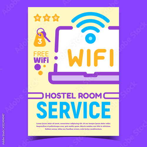 Wifi Hostel Room Service Creative Poster Vector. Laptop Computer With Internet Wirelless Signal Sign And Hostel Room Key On Advertising Banner. Concept Template Stylish Colorful Illustration