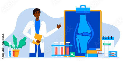 Doctors research human bones, joints. Joint knee part pain. Human anatomy healthcare medical concept. World arthritis day in October, Osteoporosis banner. Orthopedics doctor. For landing page, banner
