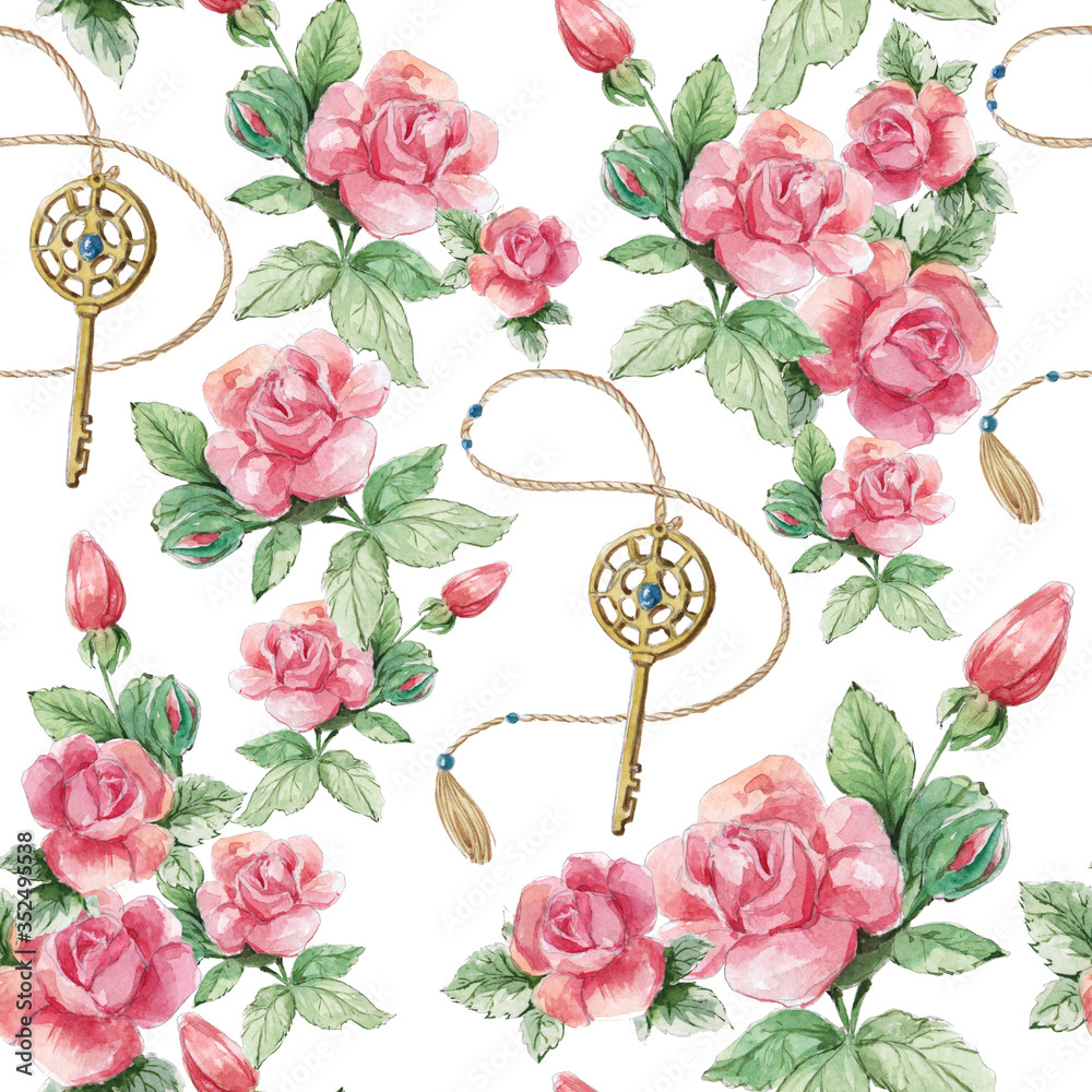 Watercolor pattern in vintage style with roses, leaves and key.