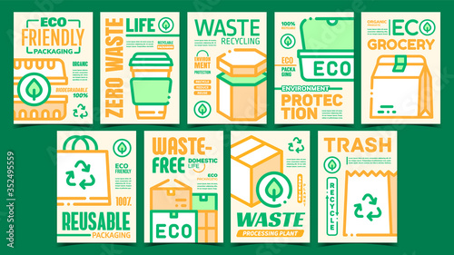 Eco Friendly Packaging Promo Posters Set Vector. Collection Of Different Advertising Banners With Eco Food Container And Cup, Paper Bag And Cardboard Box. Concept Layout Stylish Color Illustrations
