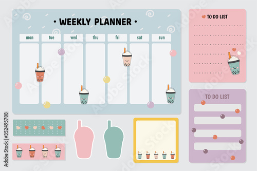Set of cute bubble tea note papers ,sticker and sticky tape.