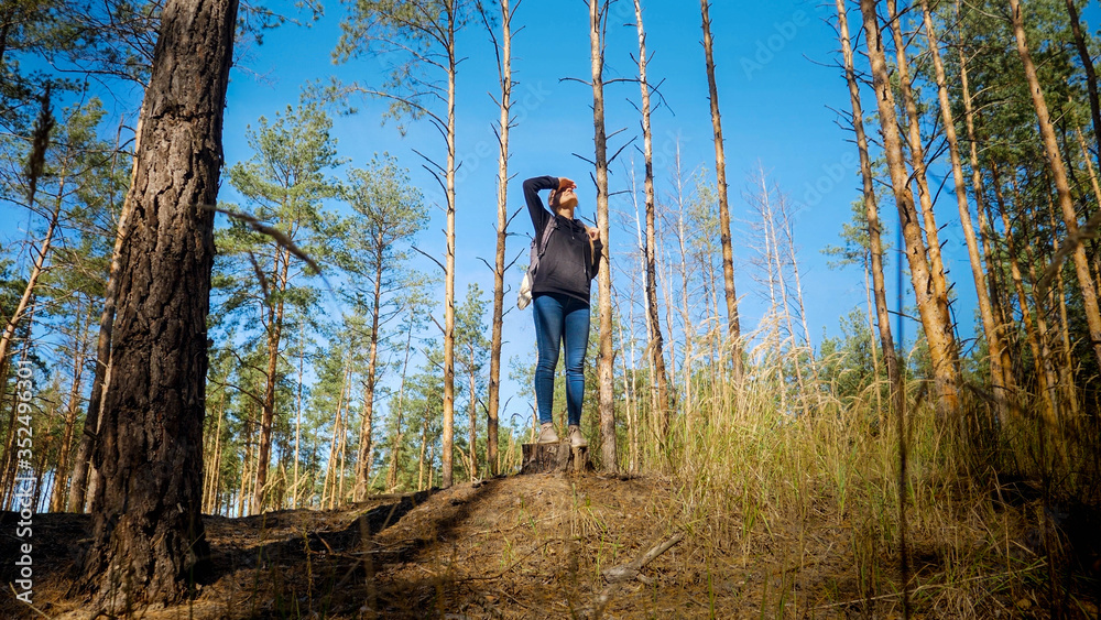 Beautiful young female tourist standing on tree stump snd looking on the sky Beautiful young female tourist standing on tree stump snd looking on the sky