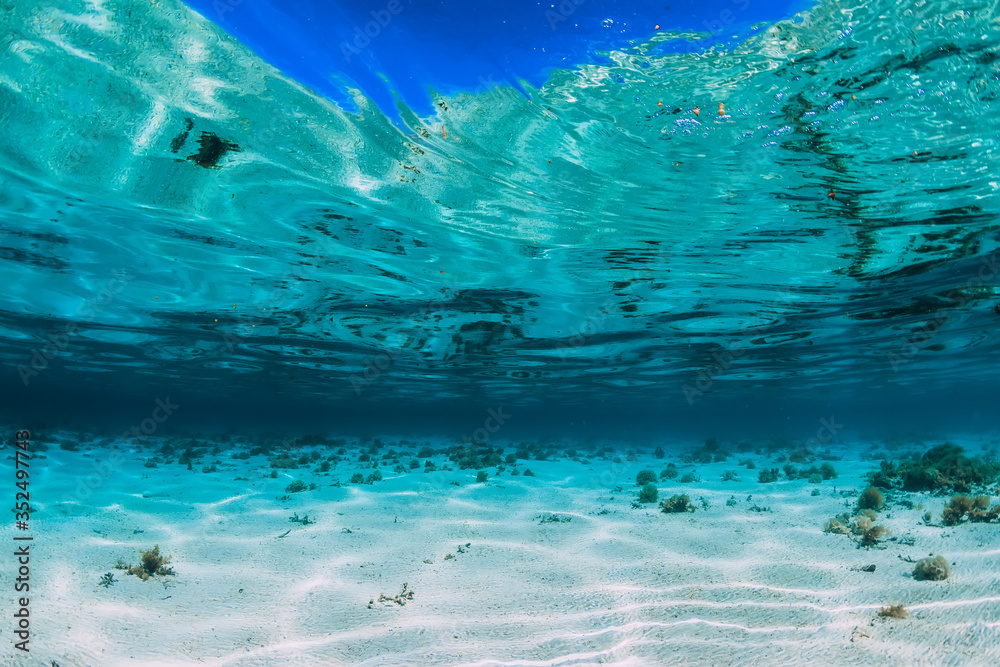 Tropical turquoise ocean with sandy bottom underwater in Bahamas