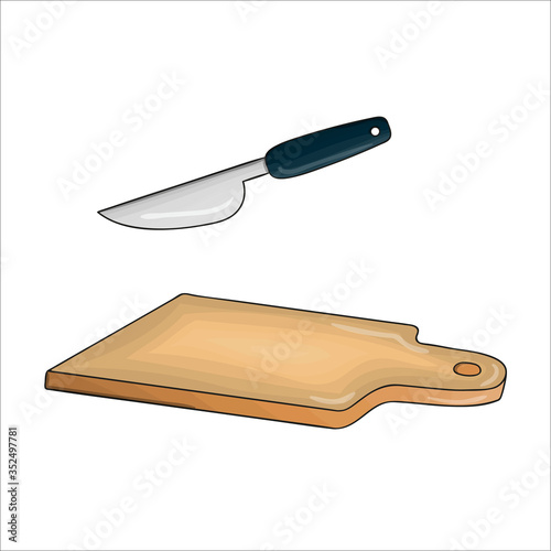 Vector colored chopping board and knife. Kitchen tool icon isolated on white background. Cartoon style cooking equipment. Dinnerware vector illustration