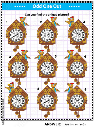 IQ training visual puzzle for kids and adults with retro wall clocks: Can you find the picture that has no copy? Answer included.
