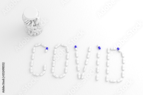 Covid medicines on white background.
