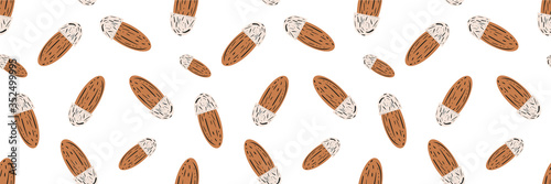 Almond nut vector seamless border. Banner of light brown single oval seeds on white background. Kernel shells design. Ribbon, edging, trim for vegan, nutrition, confectionery, milk alternative concept