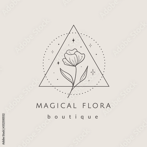 abstract hand drawn flower logo with stars in geometric triangle and round dotted frames. icon, vector illustration in trendy line linear art style. Branding