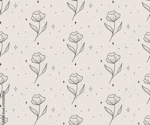 Vector Hand Drawn Line Drawing Doodle Floral Seamless Pattern with Wildflower...