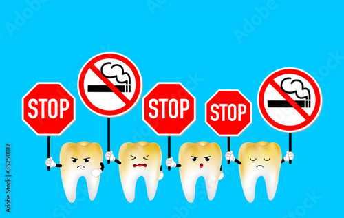 Cartoon teeth holding stop and no smoking sign. Smoking effect on human teeth. Dental care concept. Stop smoking, World No Tobacco Day. Illustration on blue background.