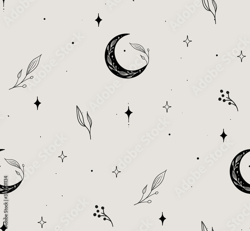 Vector Hand Drawn Line Drawing Doodle Floral Seamless Pattern with Moon, Stars, Plants, Branches, Leaves, berries. Design Elements Illustration. Branding. Swatch
