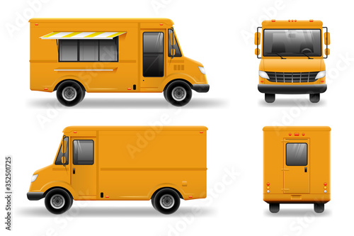 Yellow Food Truck Hi-detailed vector template for Mock Up Brand Identity. Delivery Service Vehicle isolated on white background for Advertising design.