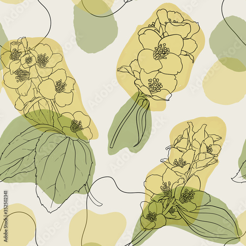 Jasmine flowers and leaves vintage seamless pattern. Hand draw outline branch and twig jasmine with abstract shapes and lines pastel colors. design greeting cards and invitations. vector illustration.