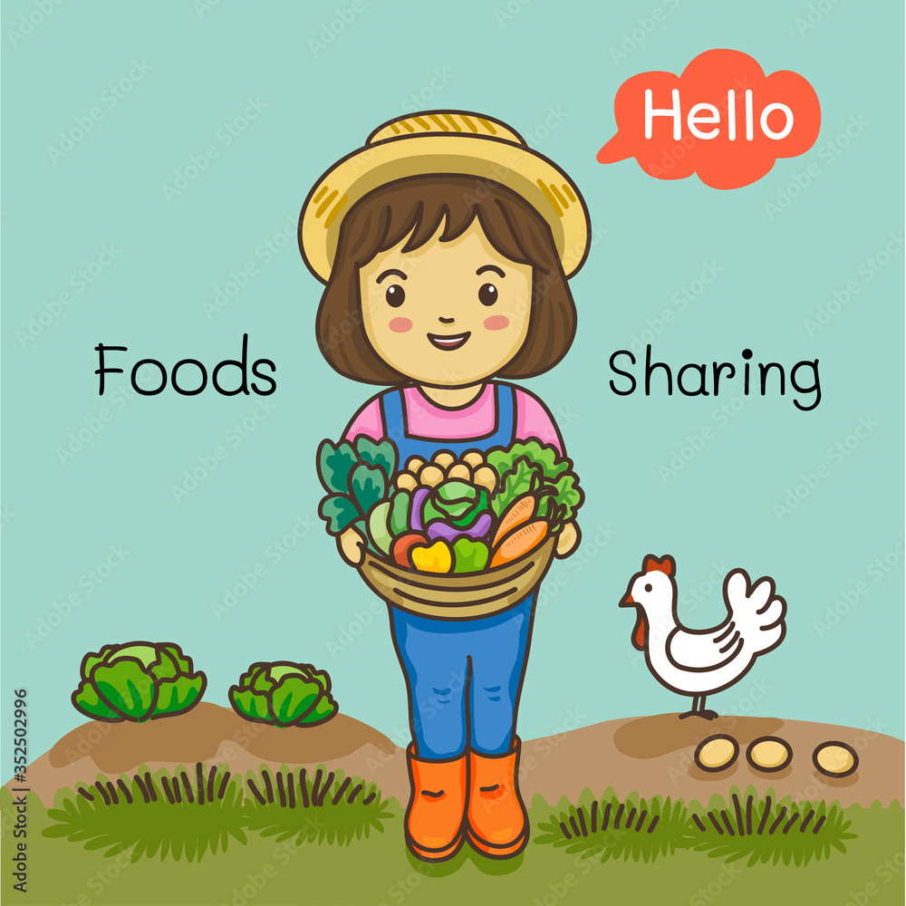 cute girl with the basket of fruit and vegetables in farm, vector