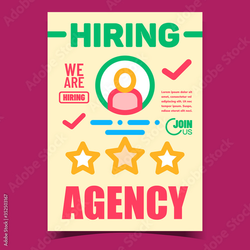 Hiring Agency Creative Promotional Banner Vector. Human, Approved Mark And Stars On Recruitment Vacancy Office Advertising Poster. Headhunting Concept Template Stylish Color Illustration