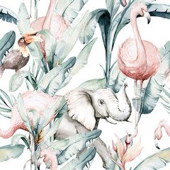 Keuken achterwand Afrikaanse dieren patronen Aquarel flamingos tussen tropische palmen  © kris_art