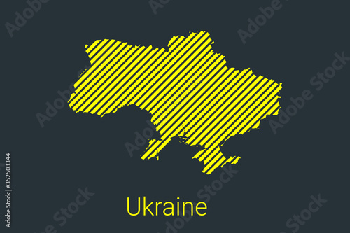 Map of Ukraine, striped map in a black strip on a yellow background for coronavirus infographics and quarantine area markers and restrictions. vector