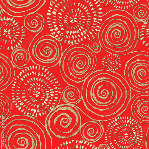 Abstract seamless pattern with 3d golden glittering acrylic paint round spiral circles on red background