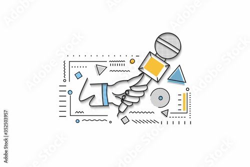 Live news template with microphone. Journalism concept, Line art vector illustration.