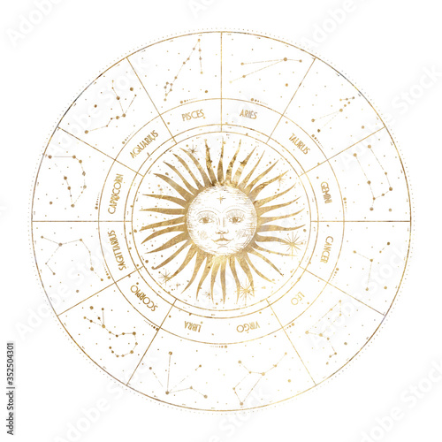chic golden luxurious retro vintage engraving style. image of the sun and moon phases. culture of occultism. Vector graphics