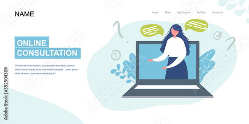 Landing Page, banner. operator on laptop screen flat vector illustration on blue background. girl on laptop answers question. consulting, job online, internet. Call center. help. online consultant