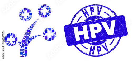 Geometric medical tree mosaic pictogram and Hpv seal stamp. Blue vector round grunge seal stamp with Hpv title. Abstract mosaic of medical tree designed of sphere, triangles,