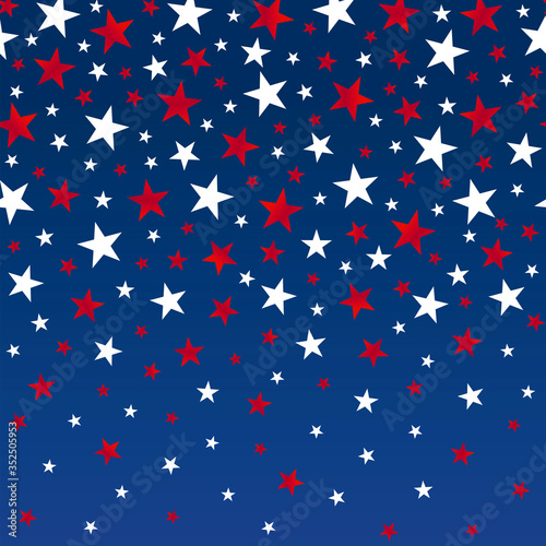 Falling stars in colors of an American flag on a seamless blue background. Vector illustration with a clipping mask.