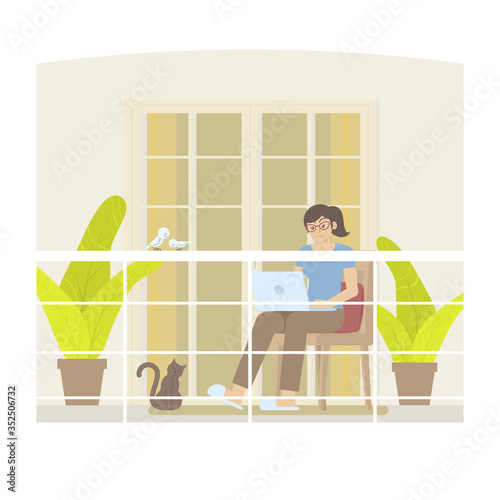 Young woman in casual clothing working at home with laptop computer on balcony with railing, door, curtain, pillow, plant, cat and birds in flat cartoon style