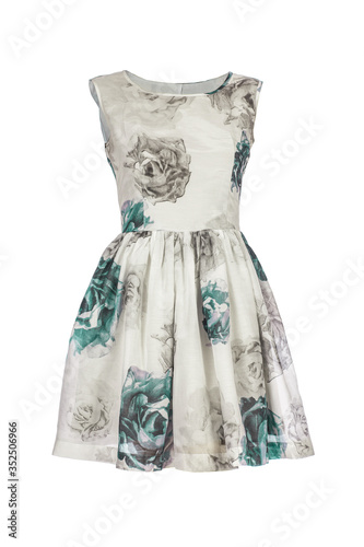 Retro summer dress with green flowers isolated on white background