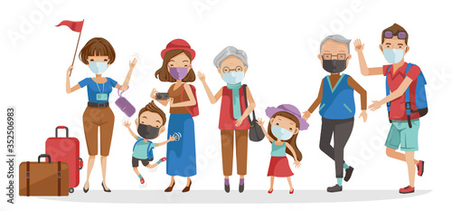 Family traval group. Tour guides and tourist groups big family. Grandfather, grandmother, father, mother, girl, boy,  carrying a bag, laughing Happy family. New Normal concept illustration.vector  © ann131313.a