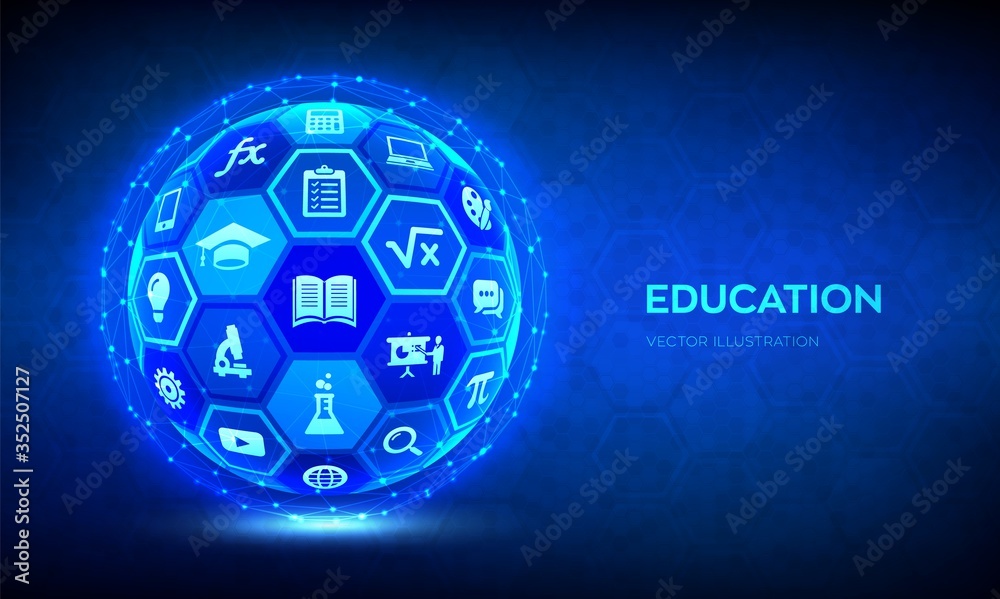 E-learning. Innovative online education technology concept. Webinar, teaching, online training courses. Skill development. Abstract 3D sphere or globe with surface of hexagons with icons. Vector.